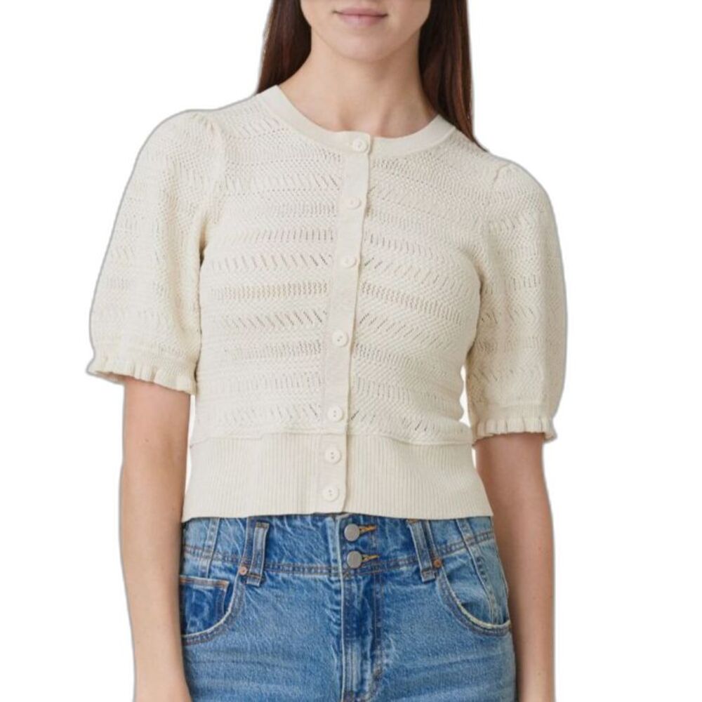 Habitual (Nordstrom) Ivory Pointelle Knit Short Sleeve Cardigan Sweater Size S
